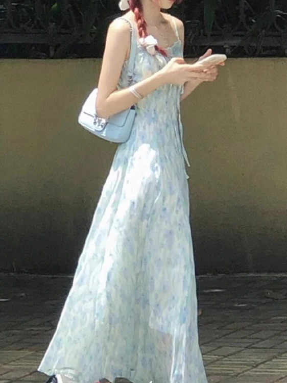 Sweet Blue Floral Print Strapl Dr Women's Summer New Sle Slimming Waist High Waist A-Line Long Dr Korean Sle