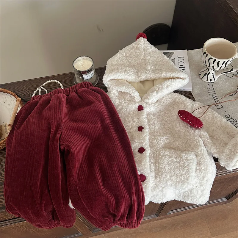 

Girls Suit 2024 New Winter Childrens Wear Korean Style Baby Girl Lamb Wool Coat Corduroy Pants Two-piece Set Casual Simple