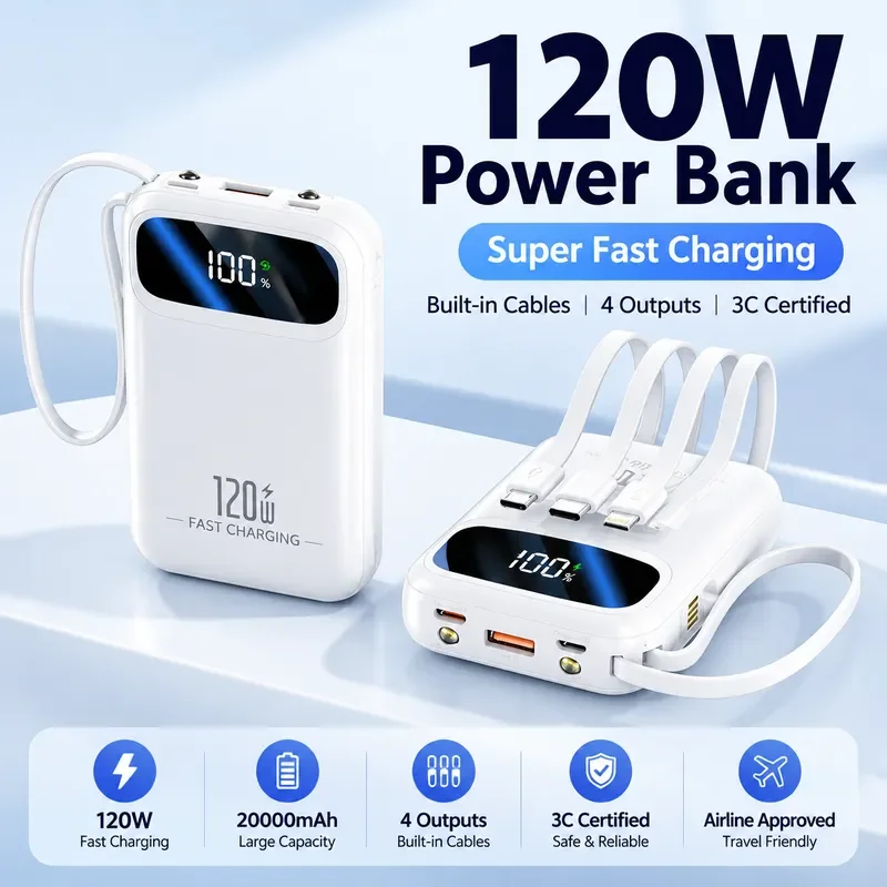 for Power bank 3C certified 120W super fast charging 20000mAh with cable cross border wholesale gifts