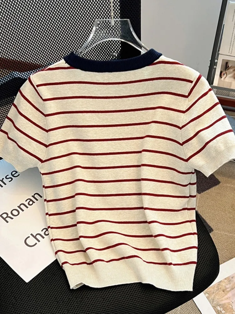 Camiseta de malha bordada ort Sve feminina verão slim fit listrado ort sle versão coreana top faionable