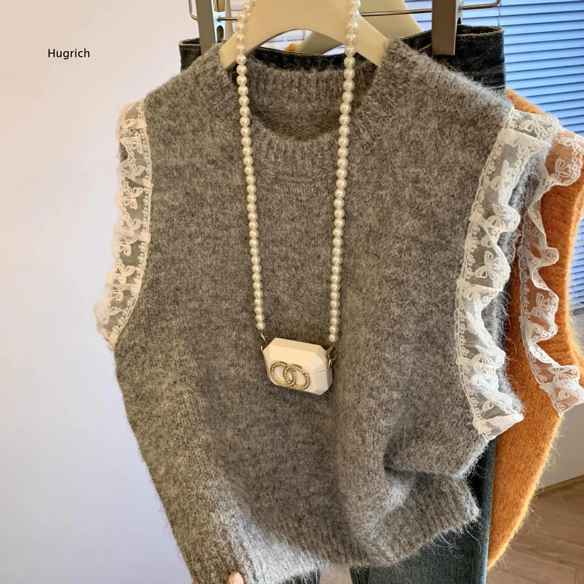 Women Vintage Lace Spliced Sleeveless Knit Vest Round Neck Loose Lazy Style Waistcoat For Autumn Winter Casual Daily Outfit Wear