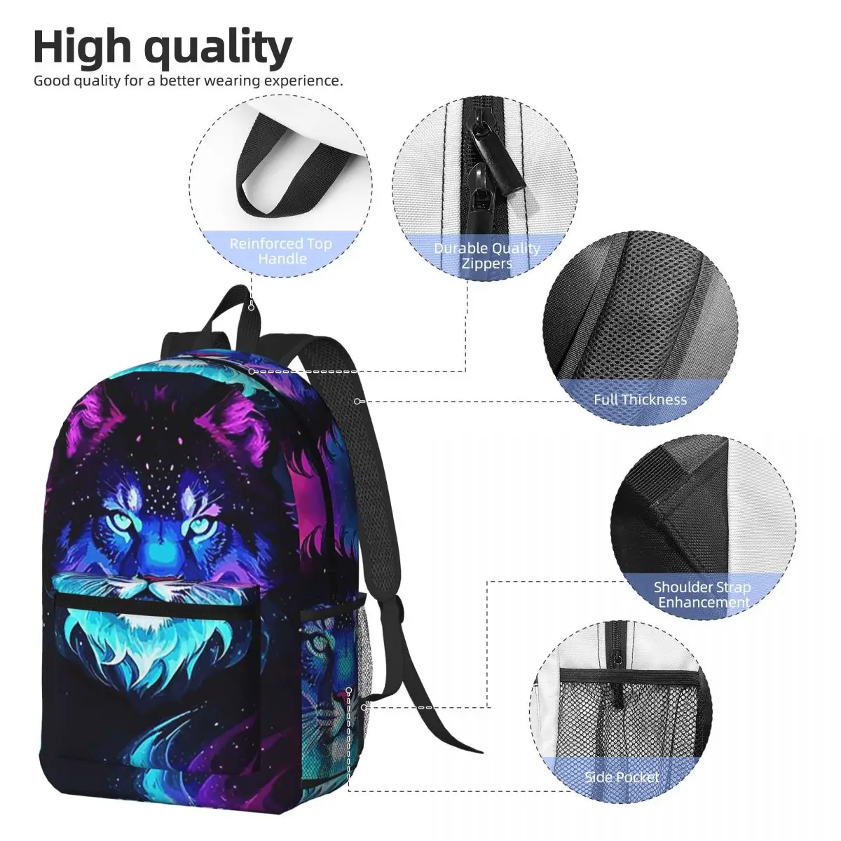 Cosmic Neon Tiger Spirit Space Galaxy Wolf Lion Face Backpack Daypack Children BookBag School Bag Shoulder Bags for Men Women