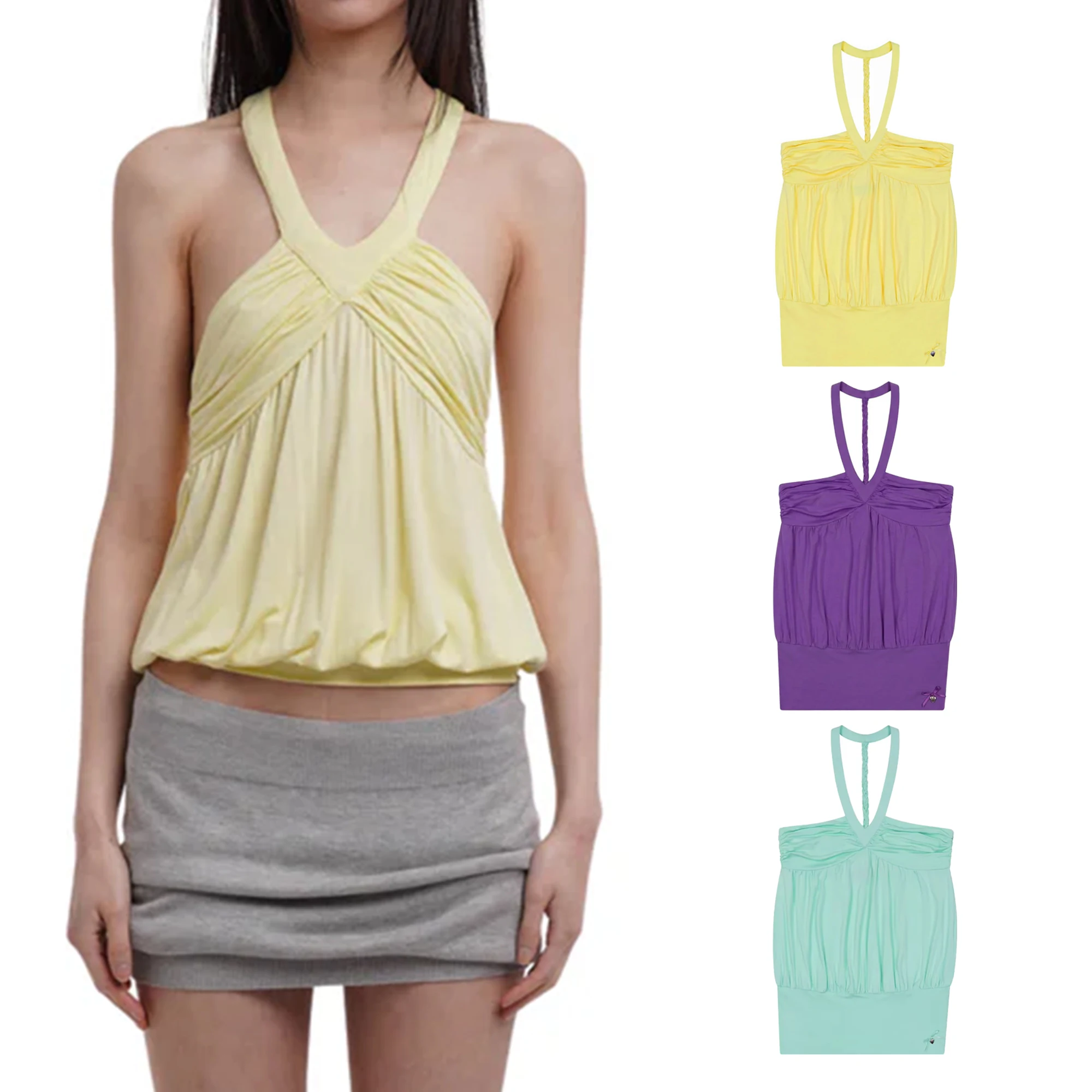 Nh V-Neck Halter Top with Twist Rope Design, Ruched Loose Hem, V-Neck Woven Tie Backless Short Top, Slimming Tummy-Concealing Sleeveless Top
