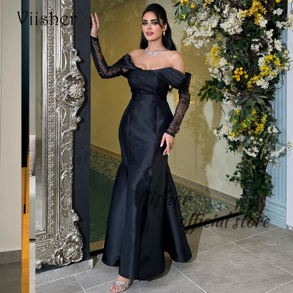 

Viisher Black Mermaid Evening Dresses with Sleeve Off Shoulder Formal Dress Arabian Dubai Evening Prom Gowns Side Split