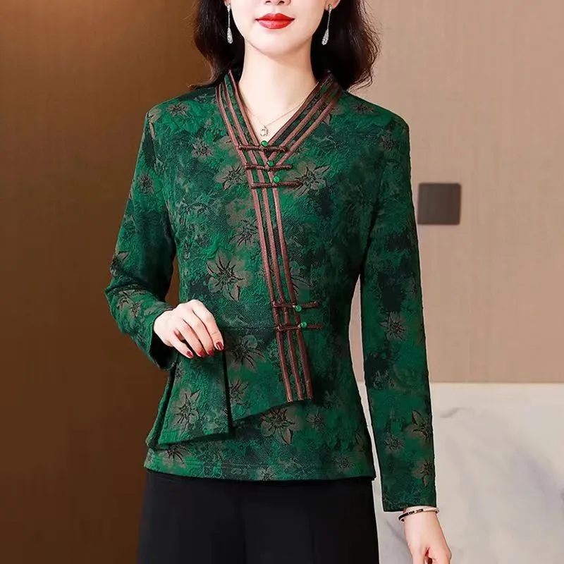 Cheongsam Women\'s Plus Size Tops 2023 Summer Silk Jacquard Irregular Traditional Chinese Style Tang Costume Qipao Shirts Woman