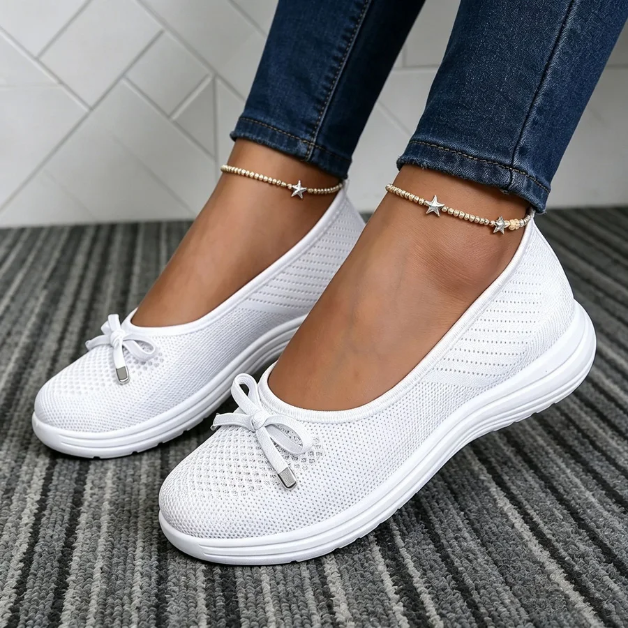 Senior Friendly Knit Mesh Ballet Flats Women's Bow Accent Lightweight Shoes Big Size 42 Woman Breathable Everyday Slip On Shoes