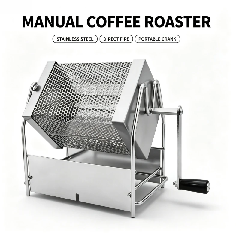 Hand Crank Coffee Bean Roaster Direct Open Flame Stainless Steel Rotating Drum Hand Mesh Coffee Home Roasting Baking Tool