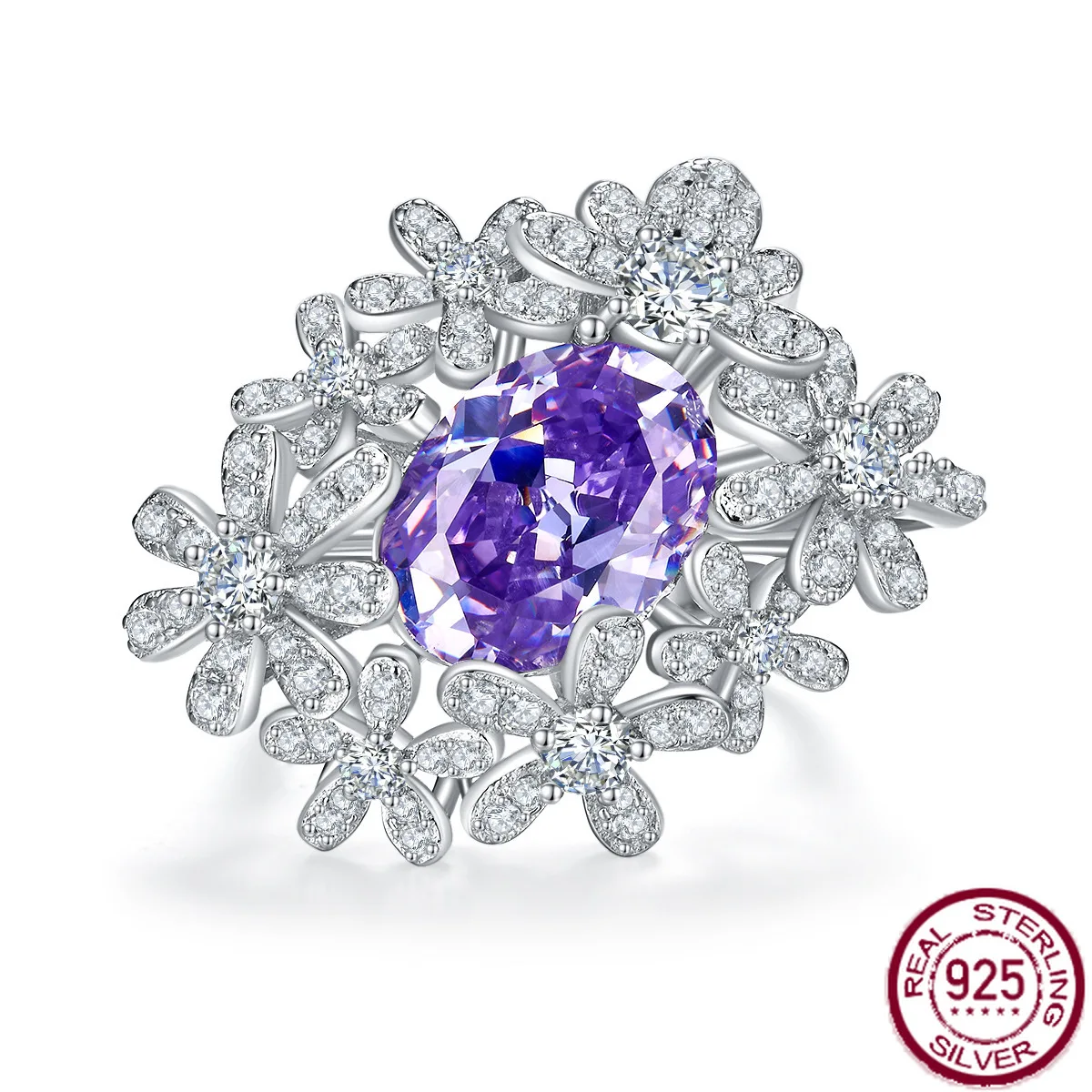 

New popular s925 silver full diamond lavender purple fashionable European and American rich woman ring wedding jewelry
