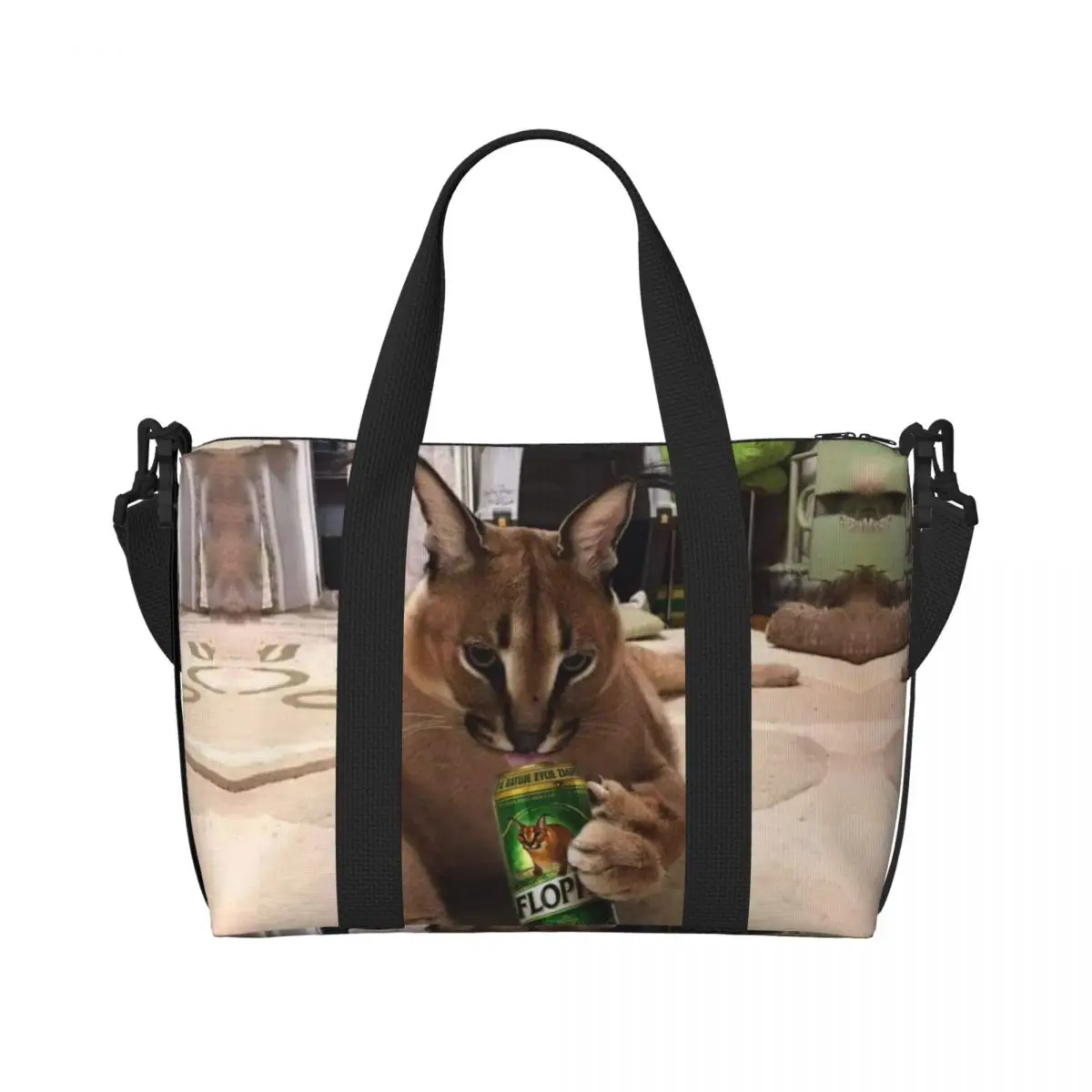 Custom Big Floppa Meme Beach Tote Bag for Women Funny Caracal Cat Large Compartment Beach Gym Travel Bags