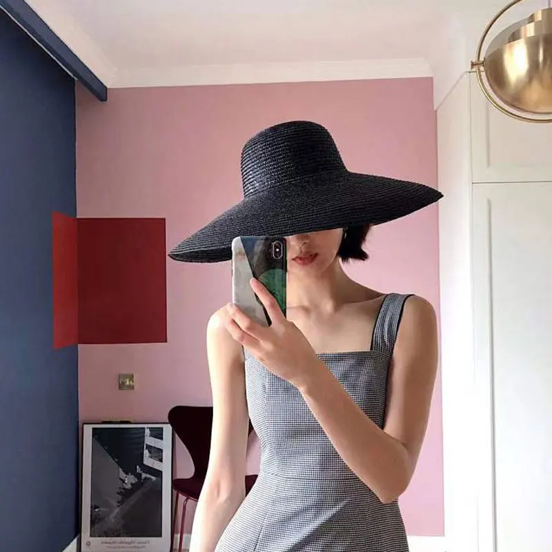 New Beach Hat Ladies Simple Solid Color Summer Wide Brim Large Black Straw Hat UV Protection Foldable Sun Hat Chapeau Femme Cap