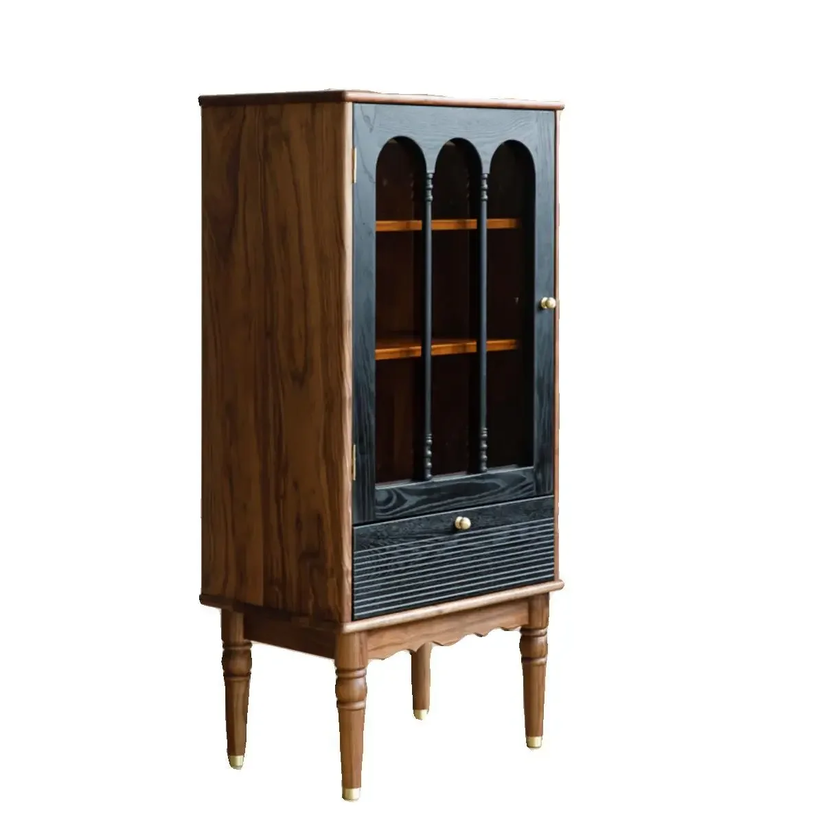 

Living room retro glass display cabinet black walnut figure solid wood sofa TV cabinet side