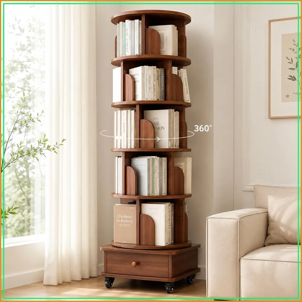 6 Tier Rotating Bookshelf with Cabinet on Wheels, 360 Spinning Narrow Wooden Book Tower