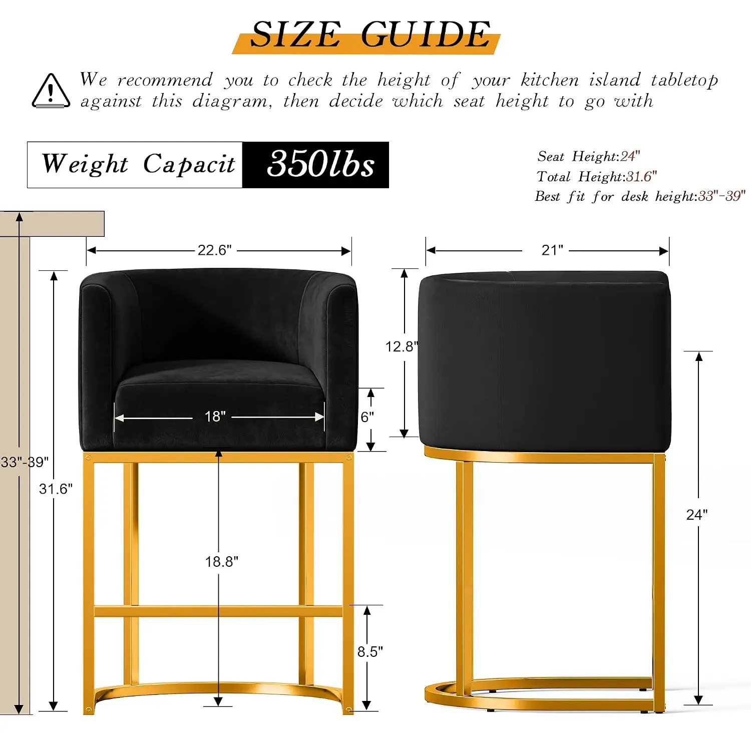 Modern Counter Height Bar Stools Set 3 Velvet Upholstered Barrel Back 24 Inch Kitchen Island Chair Gold Metal Frame, Customized