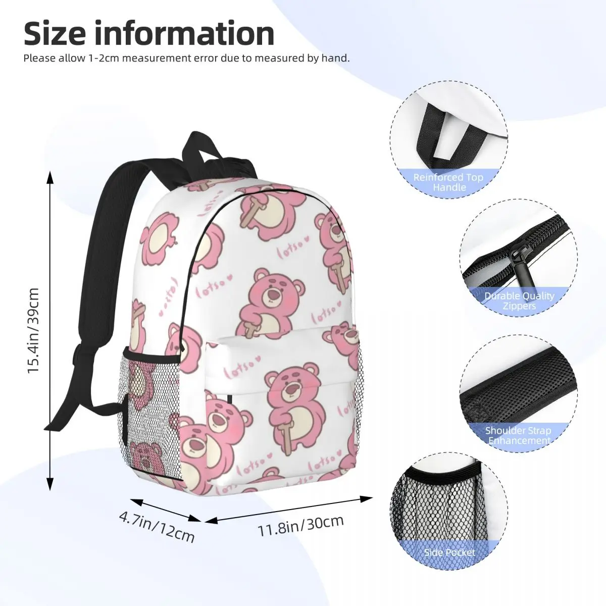 Mochila escolar informal ligera con estampado de oso de fresa, para la escuela, al aire libre, compras, oficina, 15 pulgadas