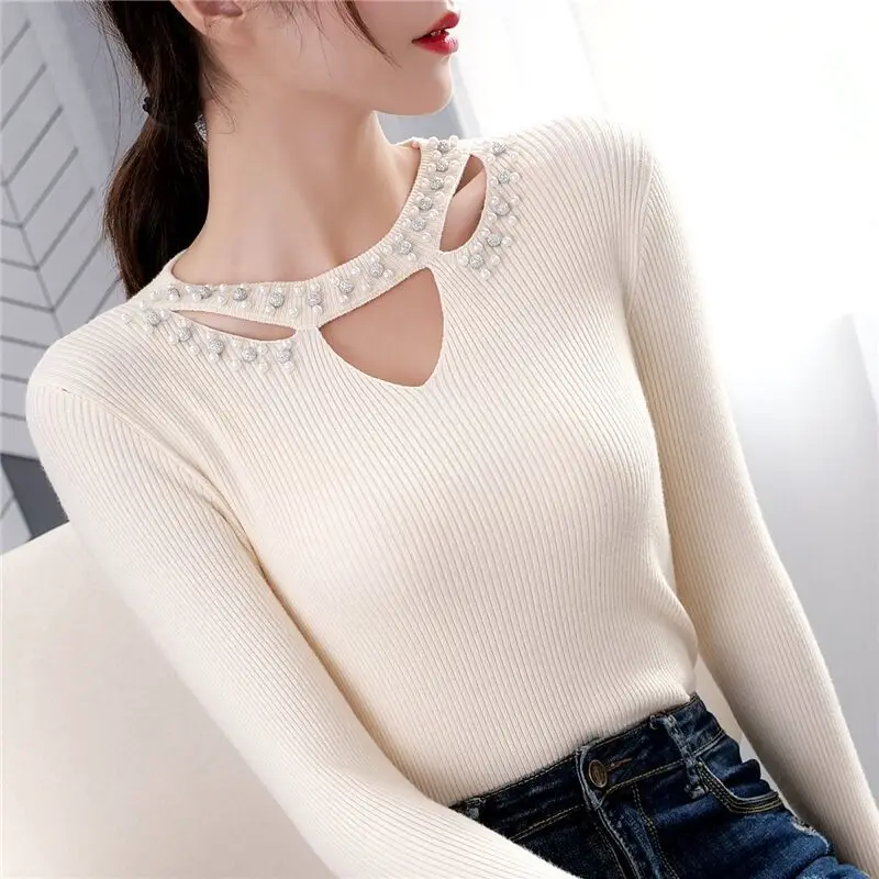 Women's Autumn Winter Paisley Pullover Hollow Out Diamonds Screw Thread Long Sleeve Sweater Knitted Undershirt Casual Slim Tops