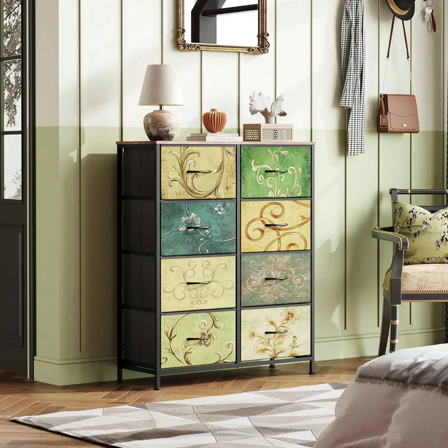 Tall Dresser With 8 Drawers  Fabric Storage Tower For Bedroom, Closet, Dorm & More  Double Chest Organizer With Floral Pattern