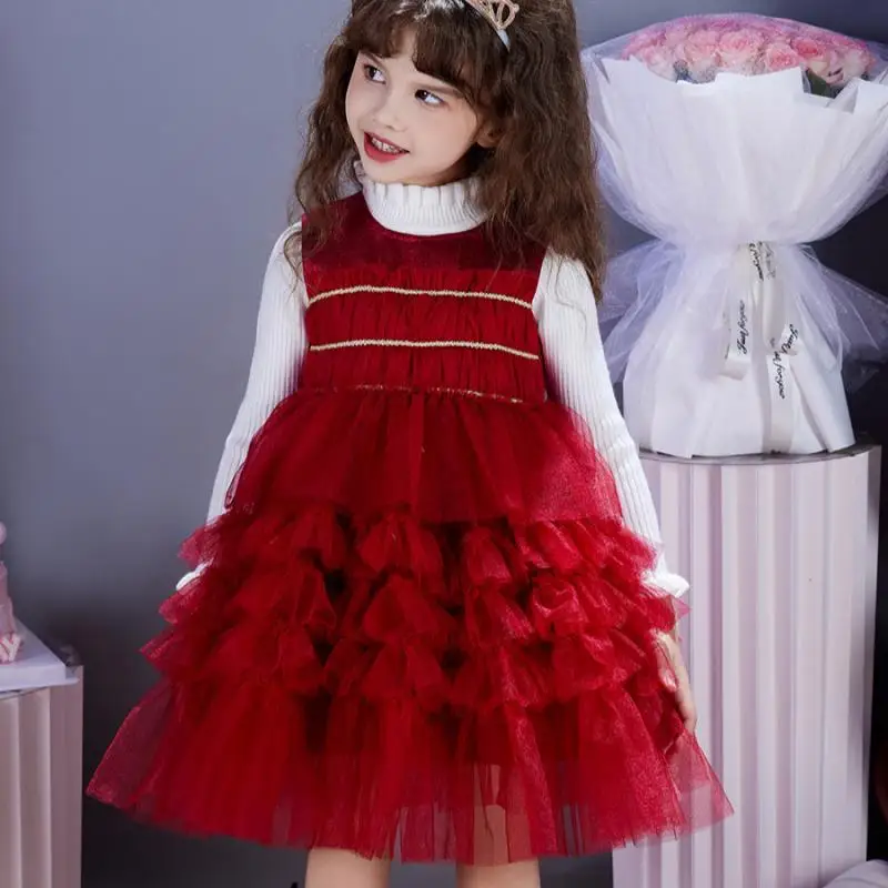 

2024 Girl Princess Dress Red Sleeveless Round Neck Children's Dresses Tulle Christmas New Year Vestidos Fashion Evening Frock ﻿