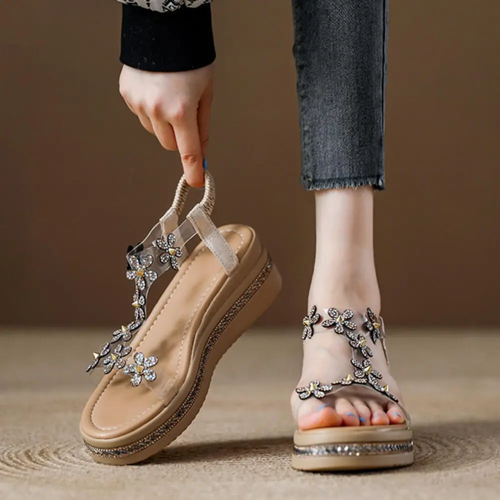 Women's Bohemian Rhinestone Wedge Sandals, Elastic Ankle Strap Transparent Platform Shoes, Casual Summer Wear view 3
