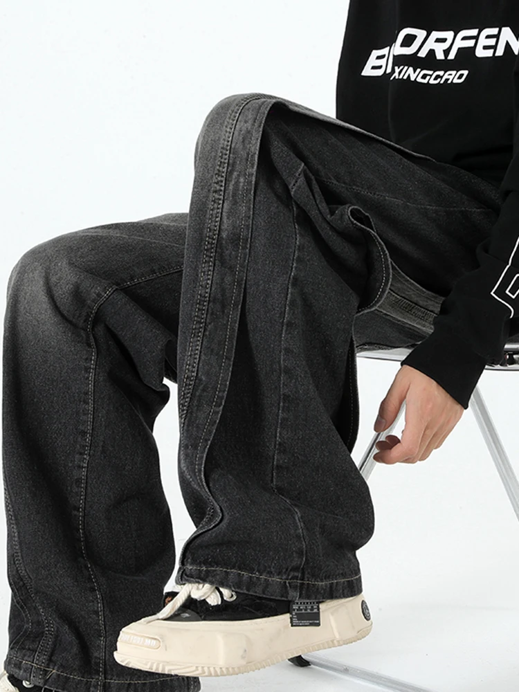 

American Sle Heavyweight Premium Spliced Jeans for Teen Boys Straight Leg Wide Leg Pants Autumn Trendy Loose Fit Jeans