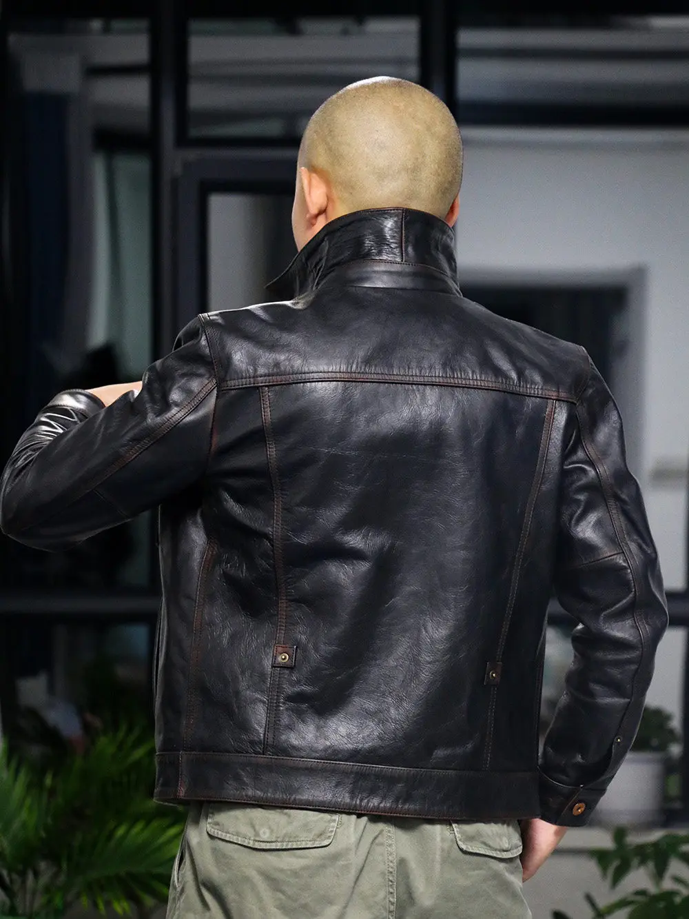 Ame-Kaji Vintage Denim 506 Tea-Core Horsehide Casual Genuine Leather Lapel Jacket for Men, Short Style PLUS SIZE 5xl