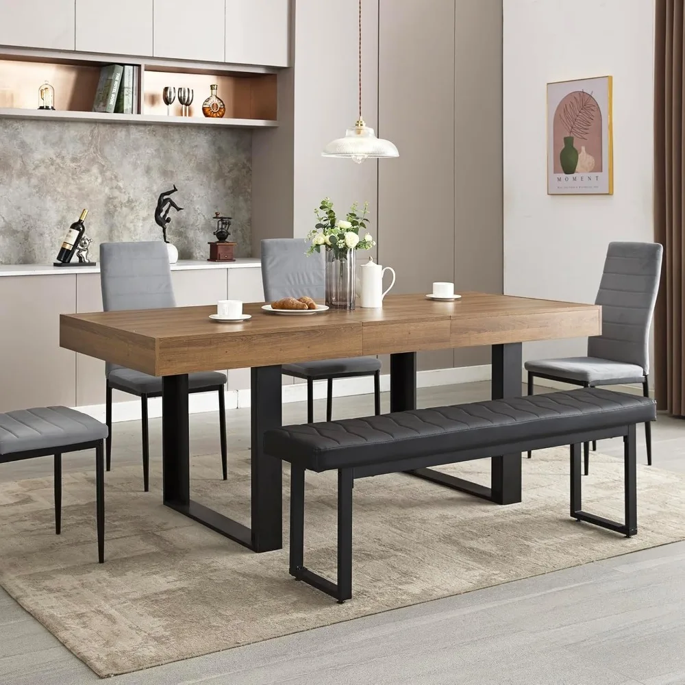 طاولة غرفة طعام قابلة للتمديد مقاس 63 بوصة - 79 بوصة، طاولة مطبخ خشبية حديثة للمزرعة، طاولة طعام طويلة قابلة للتوسيع تتسع لـ 6 8 10، La