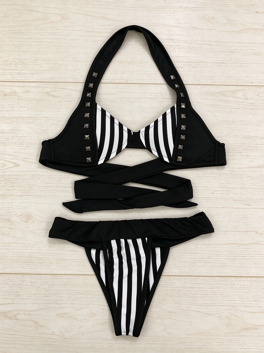 Punk Harajuku Aesthetics Rivet Halter Bikini Women Fashionable Black White Stripe Two Piece Swimsuit Summer Beach Bathing Suits view 3
