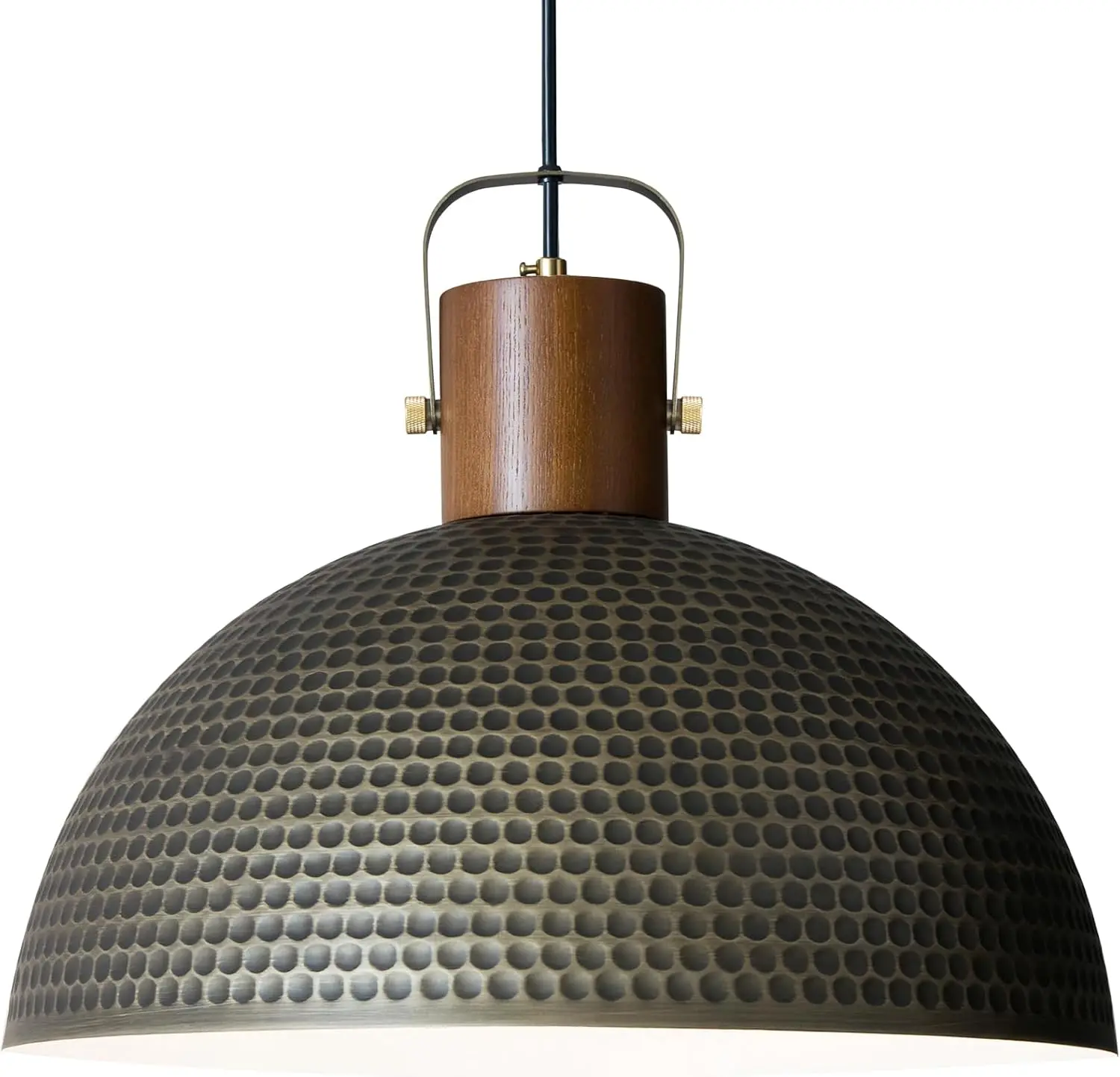 Grote Hanglamp, 15.7 Inch Vintage Houten Koepel Kroonluchter Lamp, Gehamerd Mat Geborsteld Metaal Hanglamp, Mid