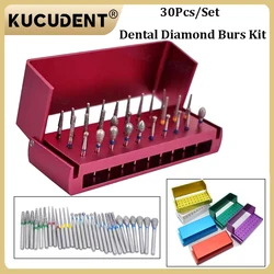 30 Pcs Dental Diamond Burs Kit with Aluminium Holder Colorful Burs Disinfection Box for High Speed Handpiece Turbine Tools