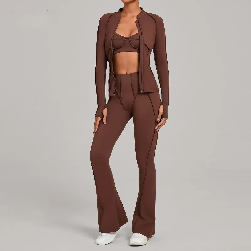 طقم يوجا نسائي بحزام رفيع حمالة صدر جميلة وسحاب معطف ناعم عالي الخصر سروال واسع للجري واللياقة البدنية طقم رياضي ضيق مكون من 3 قطع #4