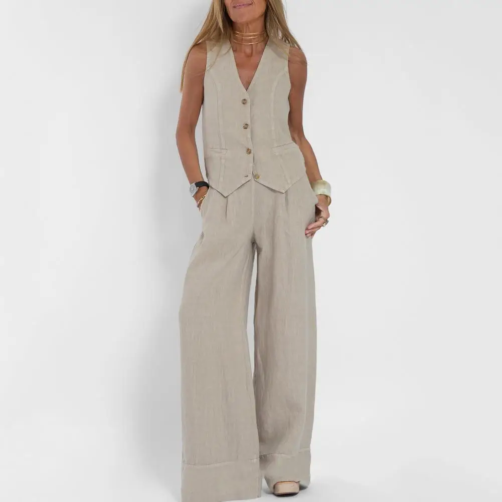 Solid Color Suit Set Fashionable Women\'s Cotton Linen Suit Sleeveless Vest Wide Leg Pants Set for Office or Casual Wear