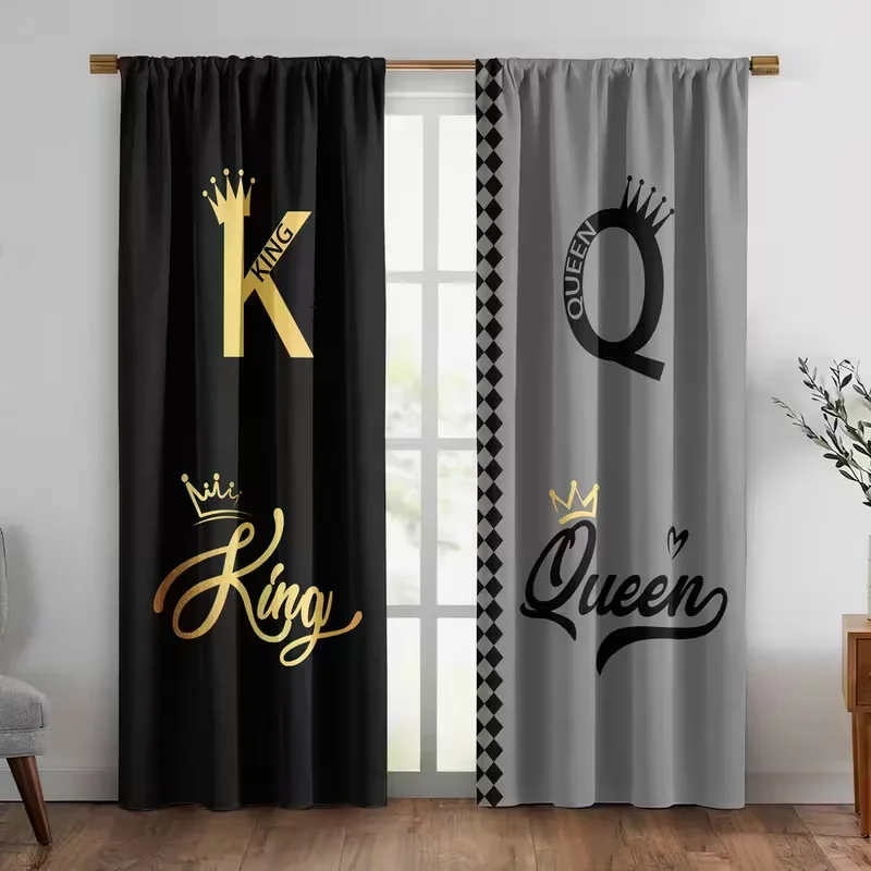 2pcs Stylish King Queen Letter & Crown Pattern Curtains, Designed for Light Blocking, Premium Material, Suitable for Bedroom, Li