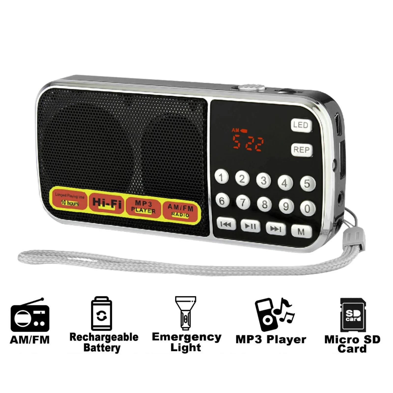 

Портативное AM/FM-радио с MP3-плеером, слотом для TF-карты и USB, LED-фонариком, разъемом для наушников, перезаряжаемой батареей 32 ГБ для дома и улицы