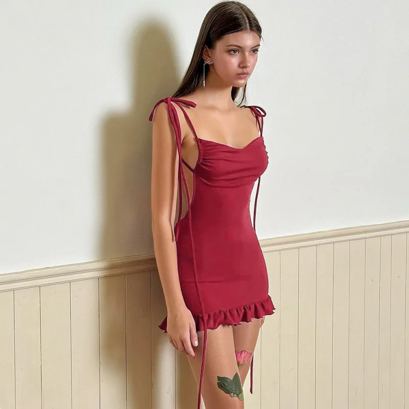 Summer Dresses For Women Solid Color Sleeveless Spaghetti Strap Slim Mini Dress Lady Fashion Streetwear Y2k Bandage Tight Dress