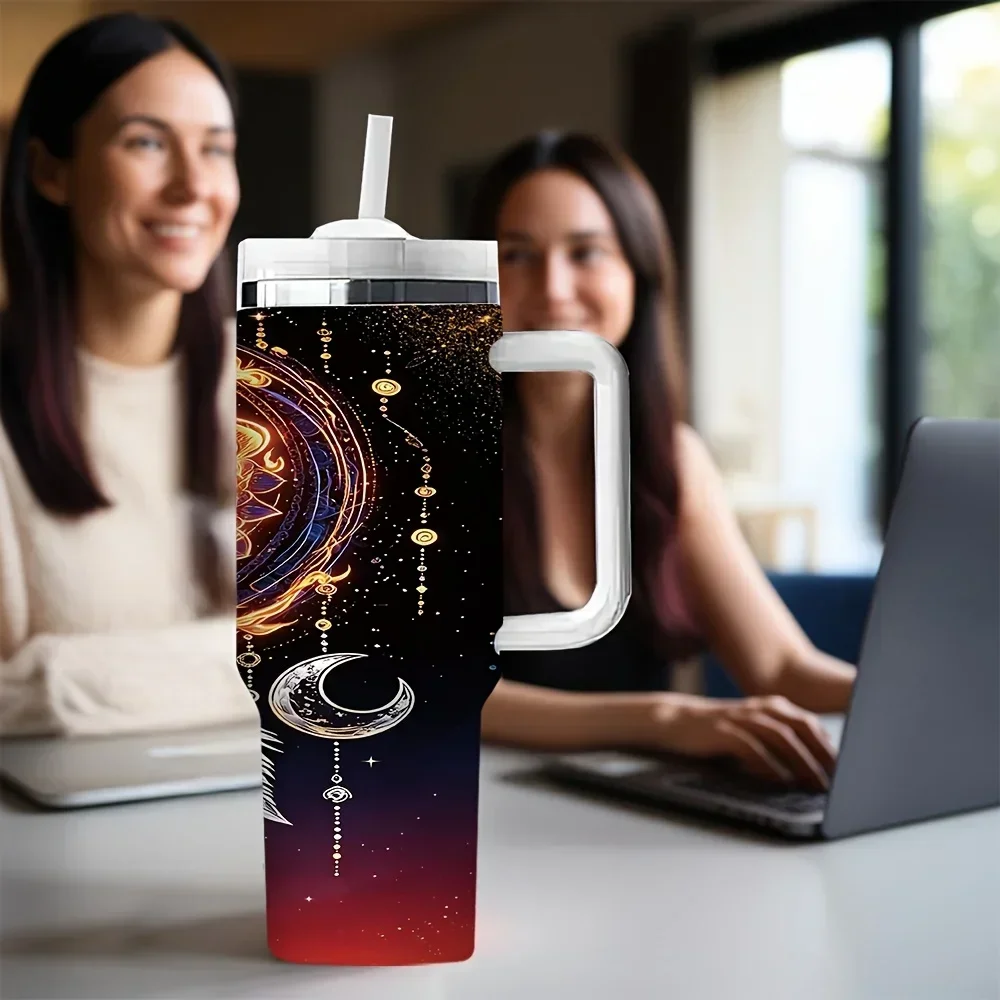 40oz Insulated Tumbler with Handle, Printed with Golden Dreamcatcher Mandala Moon, Ideal Holiday Birthday Gift for Women Men, Long Lasting Insulation Suitable for Daily Use And Outdoor Travel