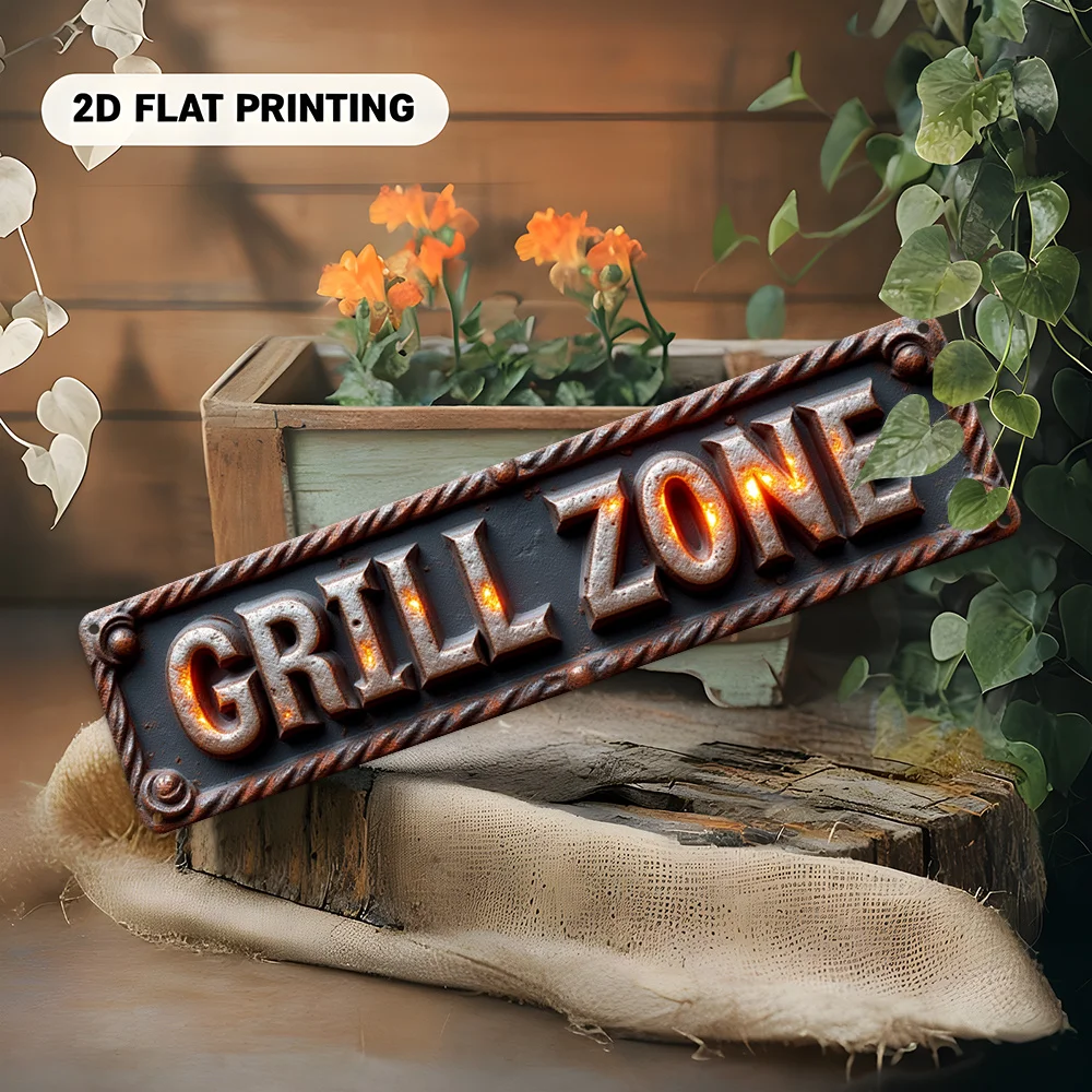 Vintage Grill Zone 3D Effect Metal Tin Sign, Retro Rustic BBQ Themed Wall Art, Durable Aluminum Decor Plaque for Outdoor Kitchen