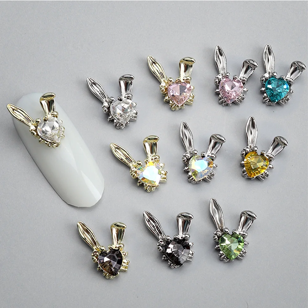 10 Pcs Crystal Alloy Rabbit Nails Art Charms 3D Nails Rhinestones Decorations Metal DIY Manicure Diamond Accessories Supplies H1