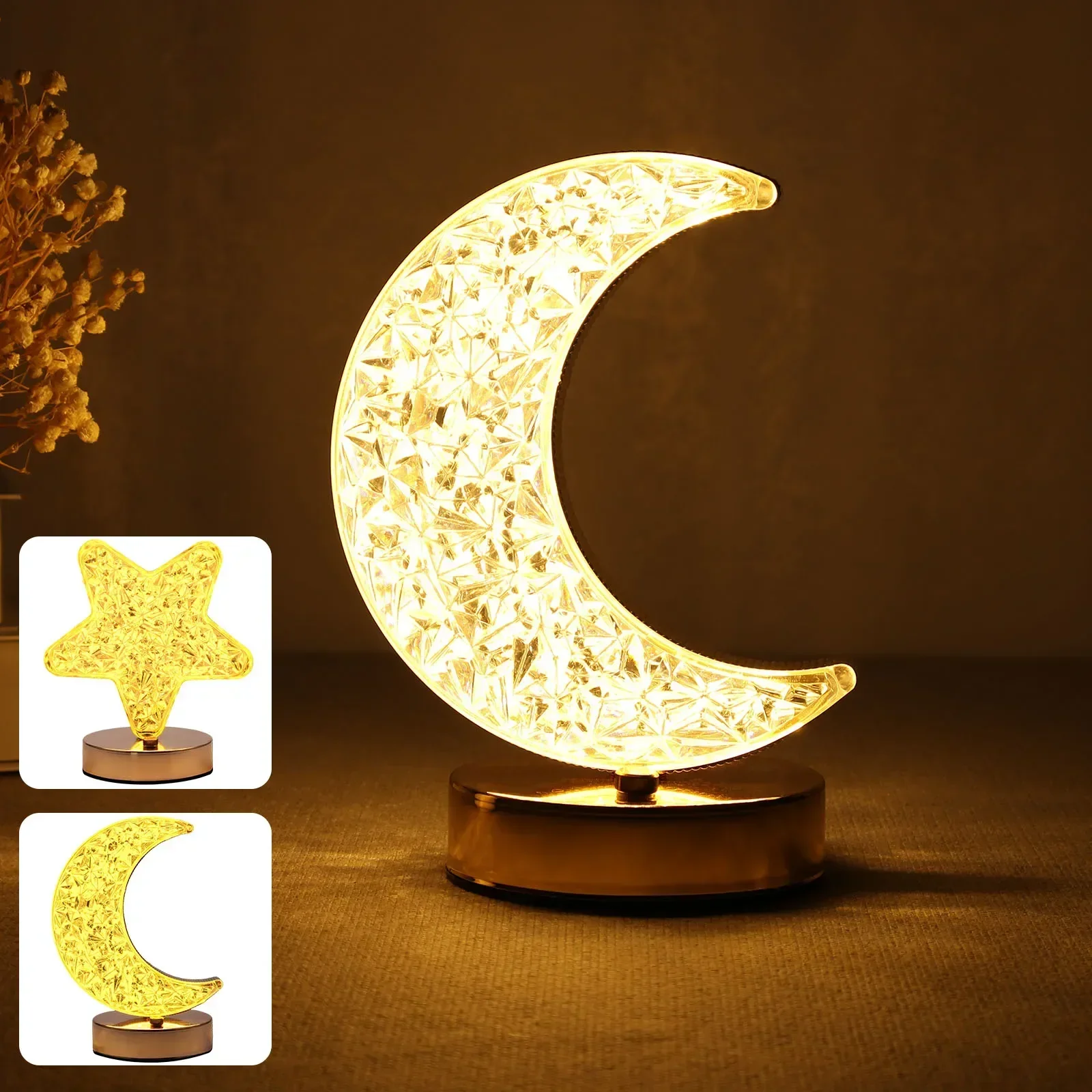 LED Crystal Lamp Star Moon Small Night Light 3 Colors Table Touch Stepless Dimming USB Rechargeable Bedroom Decoration Lantern