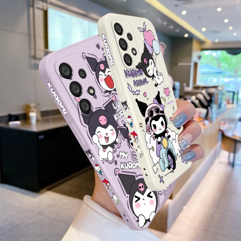 Cartoon Cute Kuromi Phone Case For Samsung A55 A53 A33 A52 A32 A71 A51 A21S A35 A25 5G Liquid Left Rope Funda