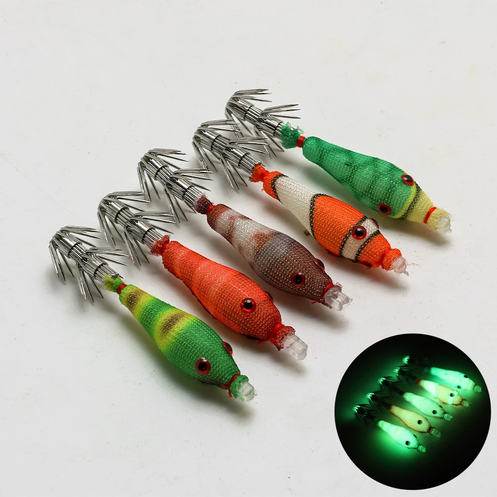 5 uds cebos blandos de calamar, cebo falso con luz nocturna simulada, cebo de pesca en el mar, anzuelo de plantilla de calamar, anzuelo de calamar de doble capa