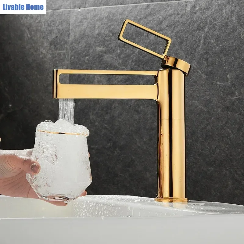 Solid Brass Countertop Basin Mixer Hot and Cold Water Tap Bathroom Washbasin Minimalist Gold Basin Tap Splash Guard