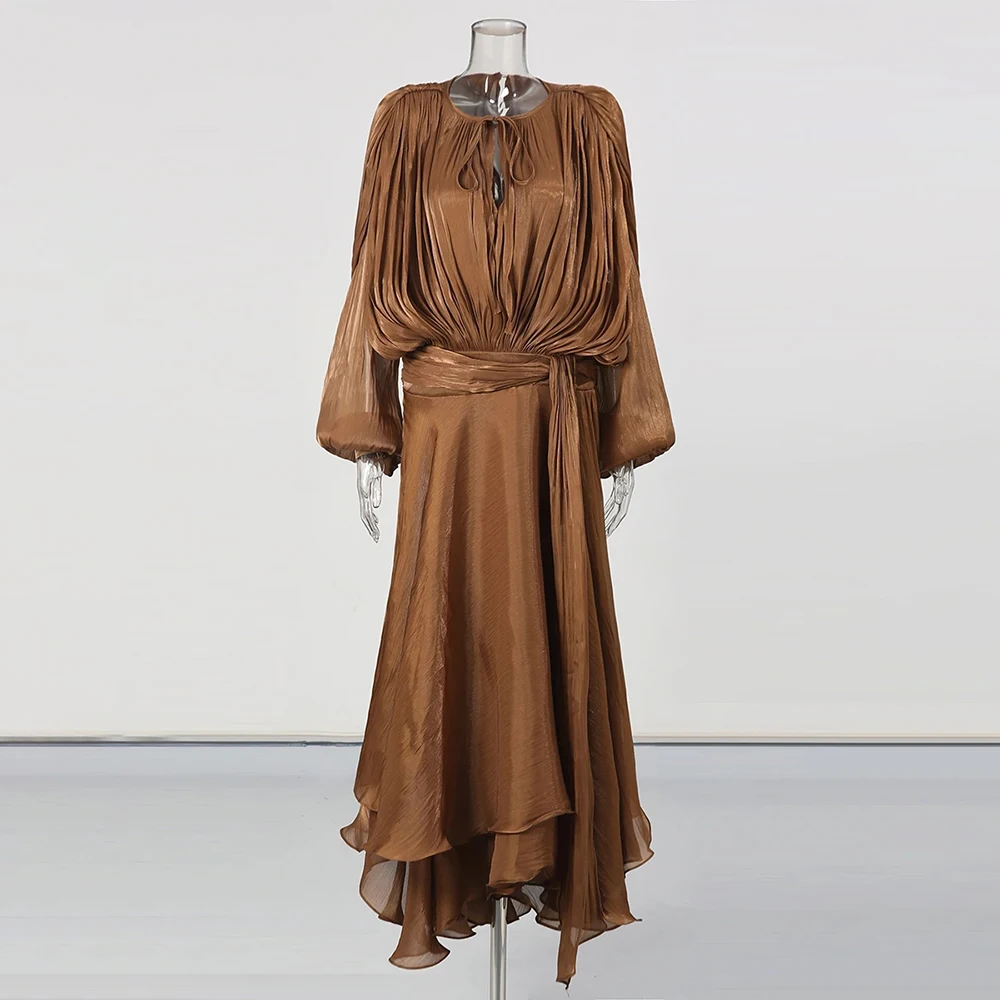 TWOTWINSTYLE Solid Spliced Lace Up Jurk Vrouwelijke O Hals Lange Mouw Losse Elegante Temperament vrouwen Jurken Herfst Mode Nieuwe