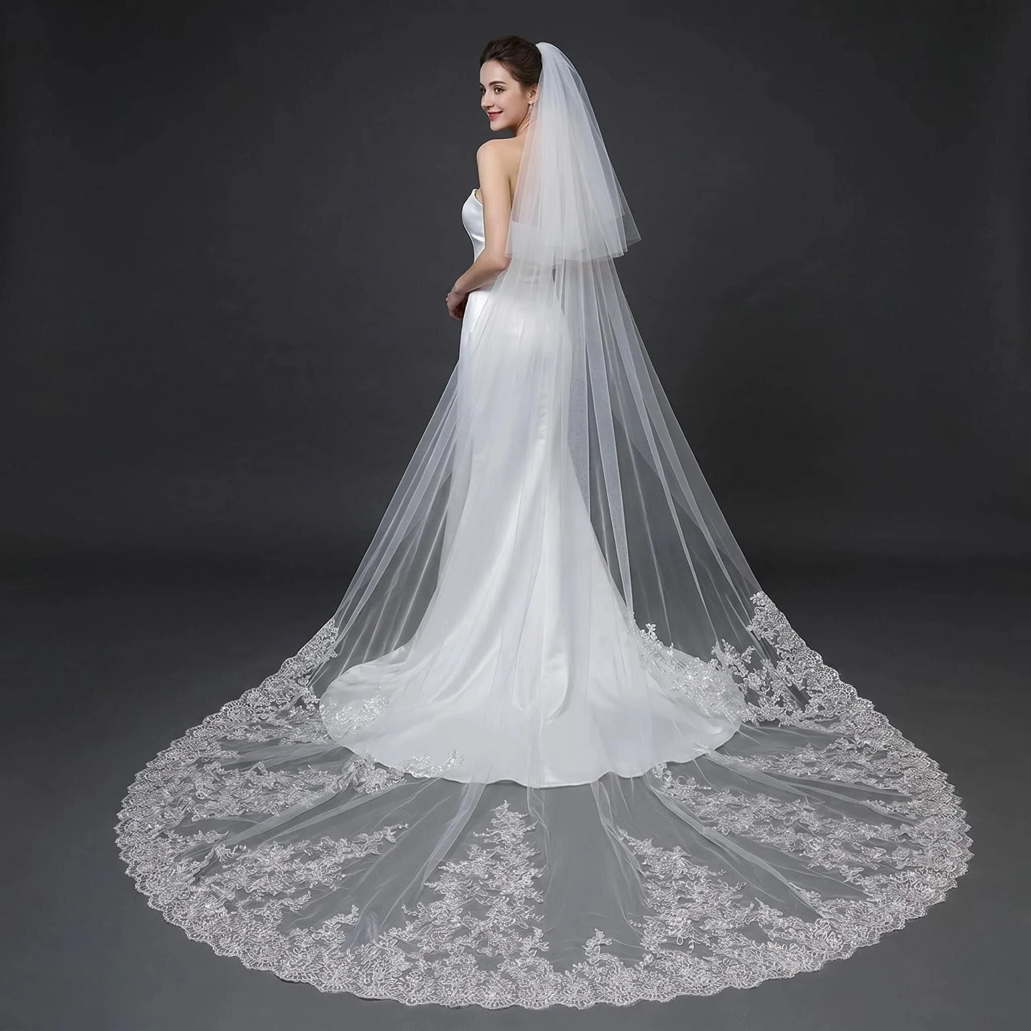 

3M Long Wedding Veil 2-Layer Lace Applique Cathedral Veil with Comb White Ivory Lace Edge Bridal Veil Soft Tulle for Brides
