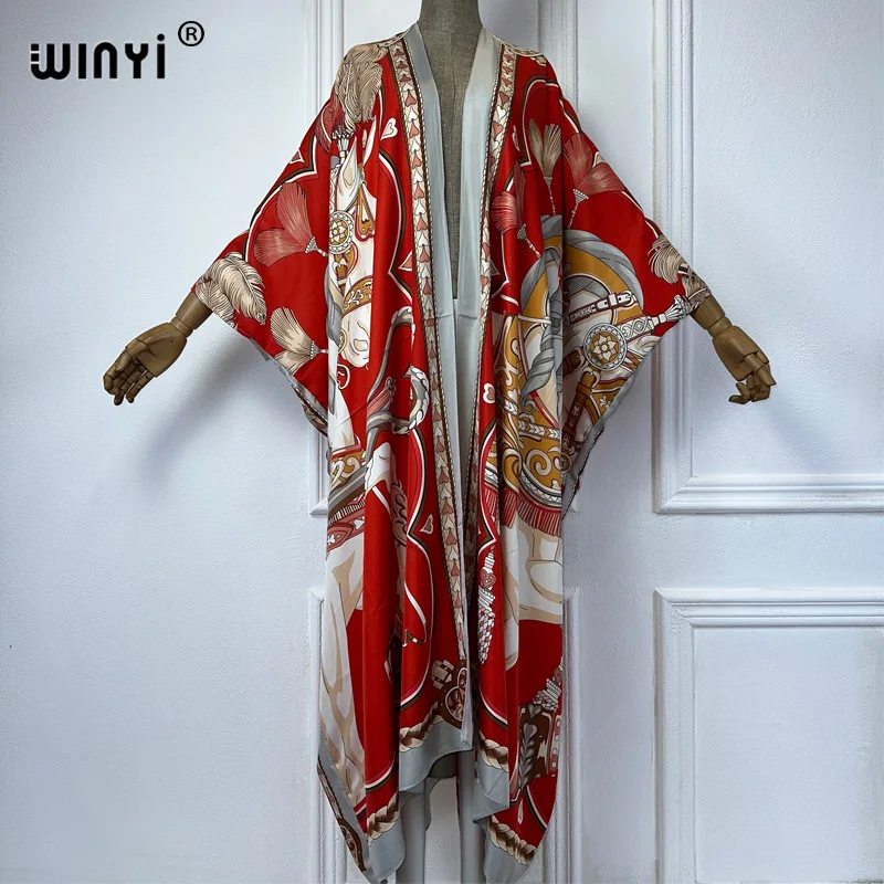 WINYI Summer fashion Beach new Geometric print Cover Up Boho Cardigan elegant Holiday Kimono beach outfits women kaftan dress