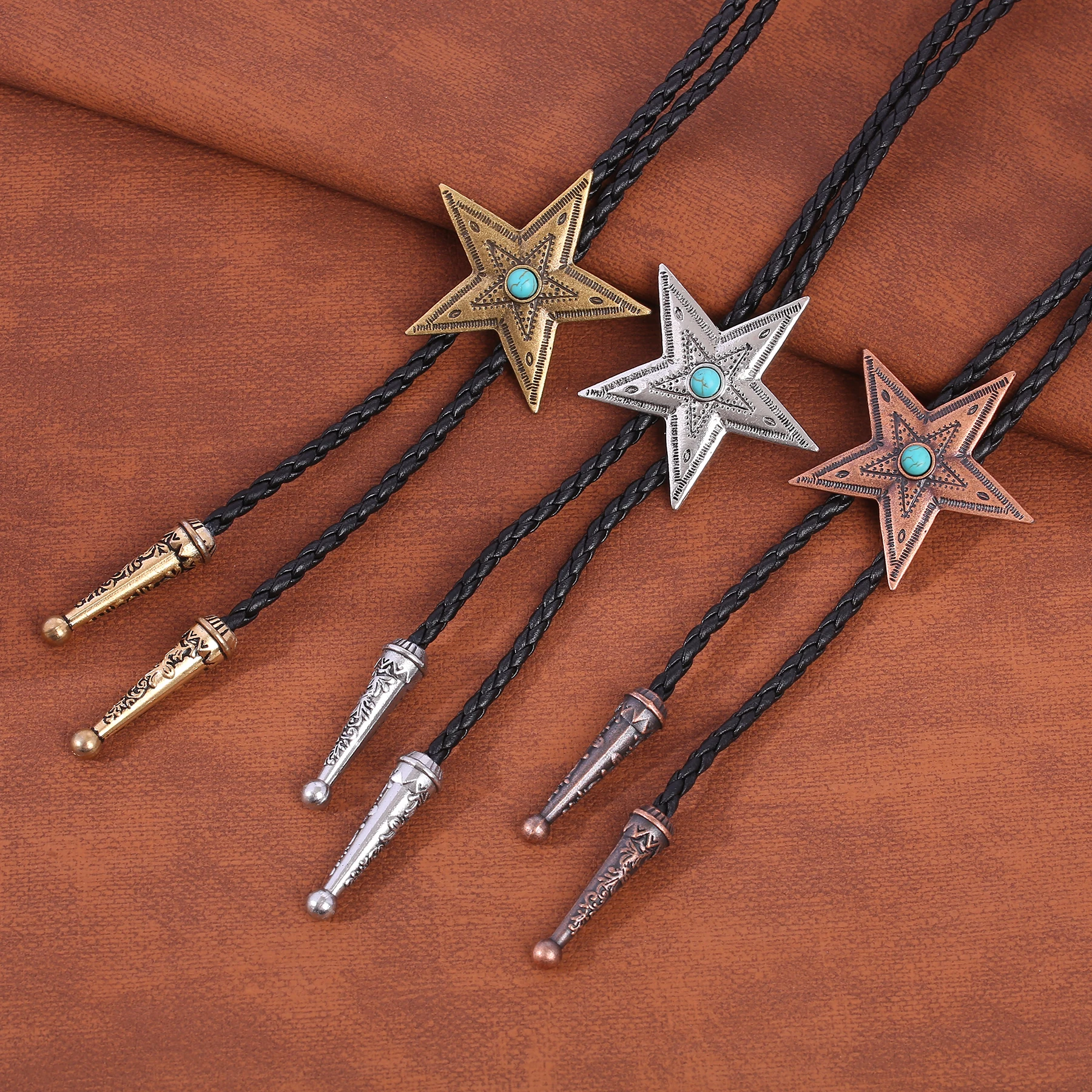 Bolo tie New Retro Shirt Chain Blue stone Pentagram Poirot Collar Leather Necklace Long tie Pendant