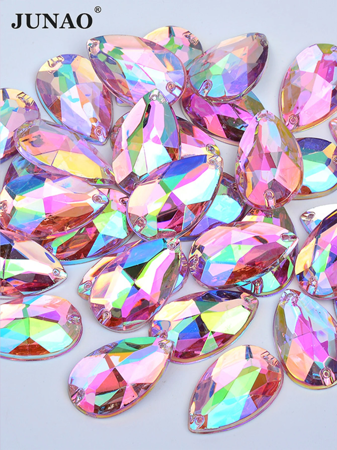 JUNAO 100Pcs 17*28mm Large Sew On Pink AB Drop Rhinestone Applique Flatback Acrylic Stones Sowing Crystal Strass For Dress