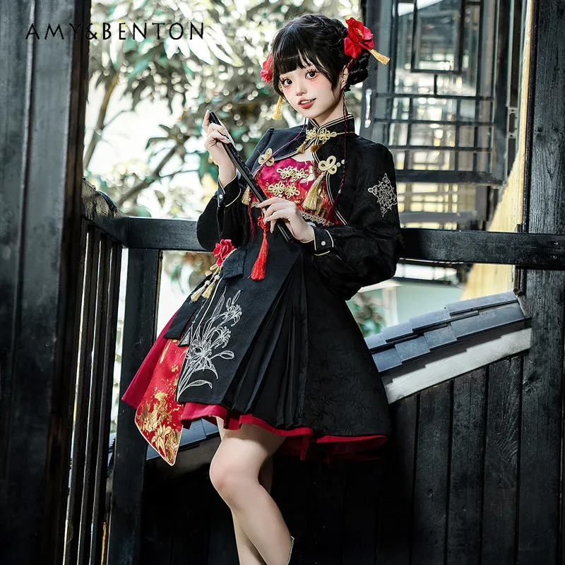 

Spring Summer New Chinese Style Cool Girl Irregular Suspenders Red Pleated Skirt Black Pendant Design Short Coat Leg Cover Set