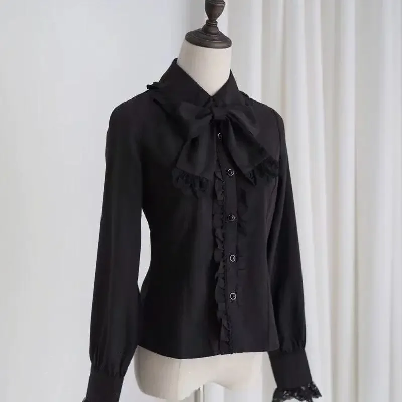 

French Woman Shirt Spring Autumn New Style Doll Collar Lolita Paired Bow Long Sleeved Shirt Versatile Top