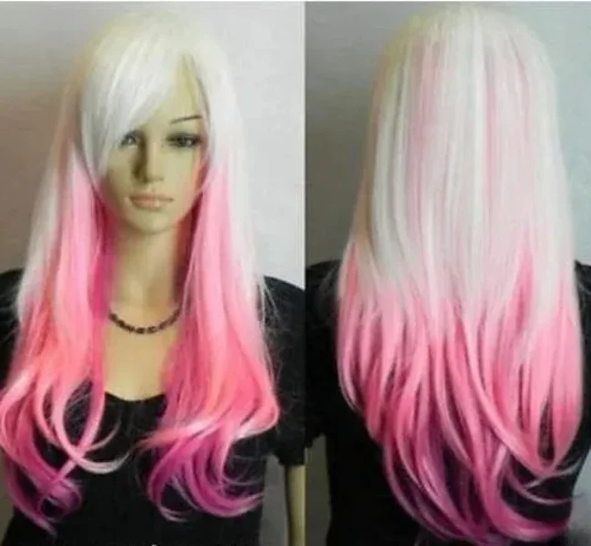 

fashion sexy women white mixed pink long Wavy cosplay party wig