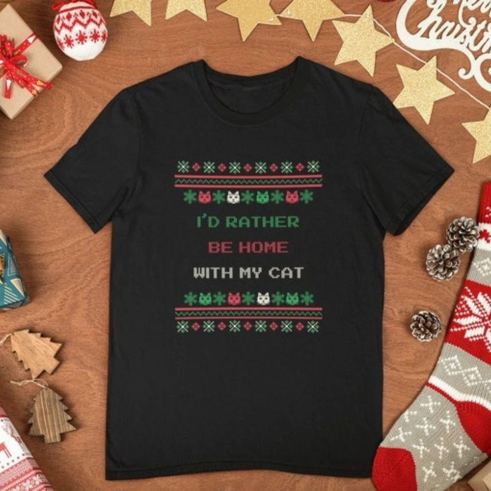 

I'd Rather Be Home with My Cat Xmas T-Shirt Kitty Cat Christmas Gift Shirt Cute Cat Lover Gift Unisex Tee Men Women Casual Tops