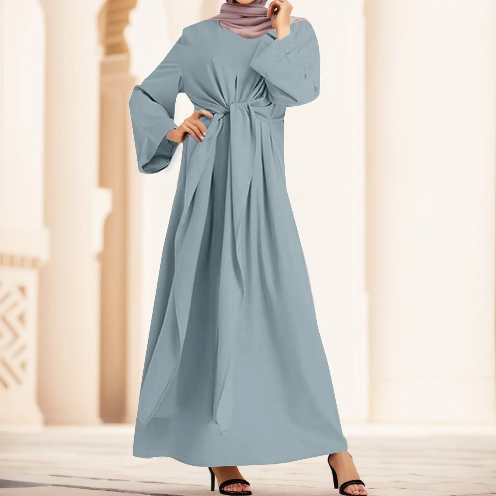 

Summer Women Abaya Casual Maxi Dress Long Sleeve Solid Color Dubai Turkey Modest Robe Kaftan Islam Simple Connection Belt Dress